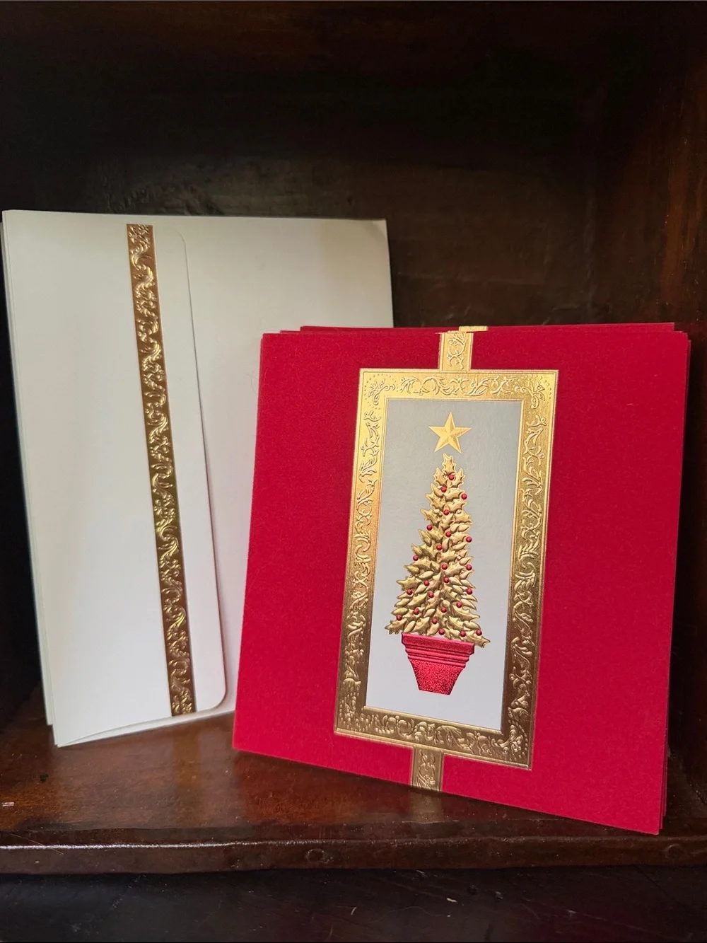 Vintage Red and Gold Holiday Greeting Card, Embossed Christmas Tree set of 20